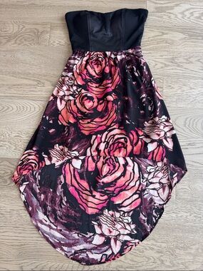 BEBE Black and Pink Strapless Flowy Flower Dress